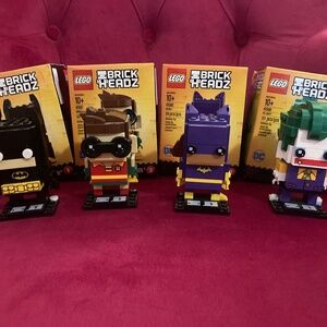 Lego Batman movie Brickheadz collection:  Batman, Robin, Batgirl, and Joker